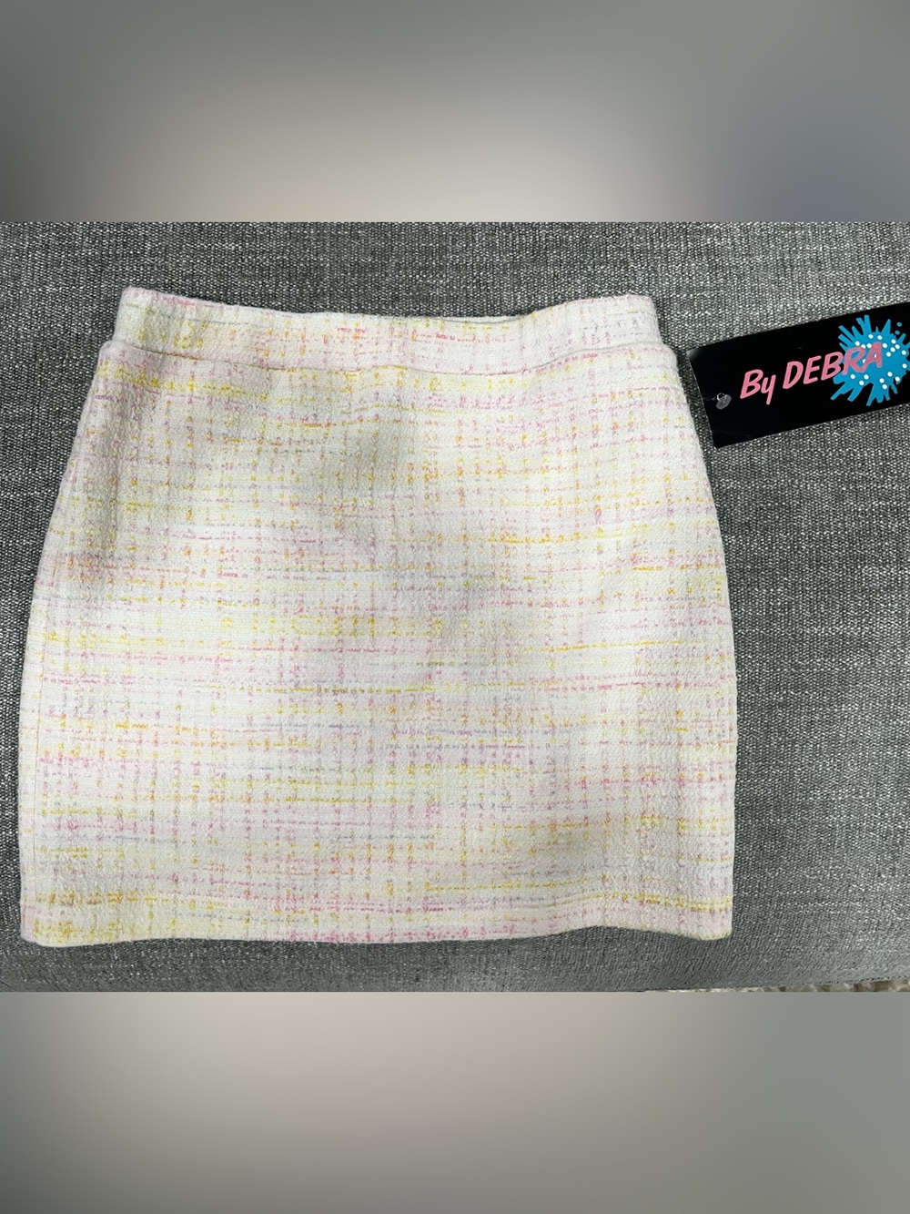 NWT By Debra White Tweed Mini Skirt with Pink & Yellow Accents